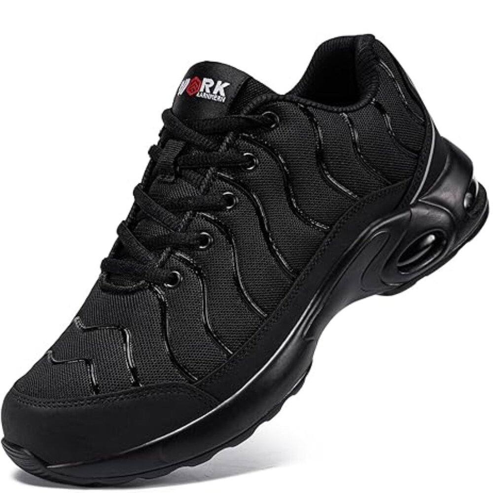NEW Larnmern Men's Steel Toe Work Shoes, Air Cushioned, Black, Size 11W